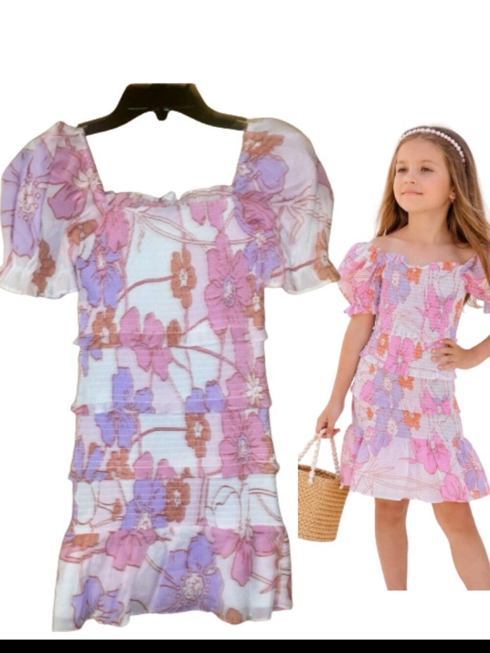 J. Marie Girls Mollie Dress Tween Size 7/8 Smocked with Puff Sleeves Floral